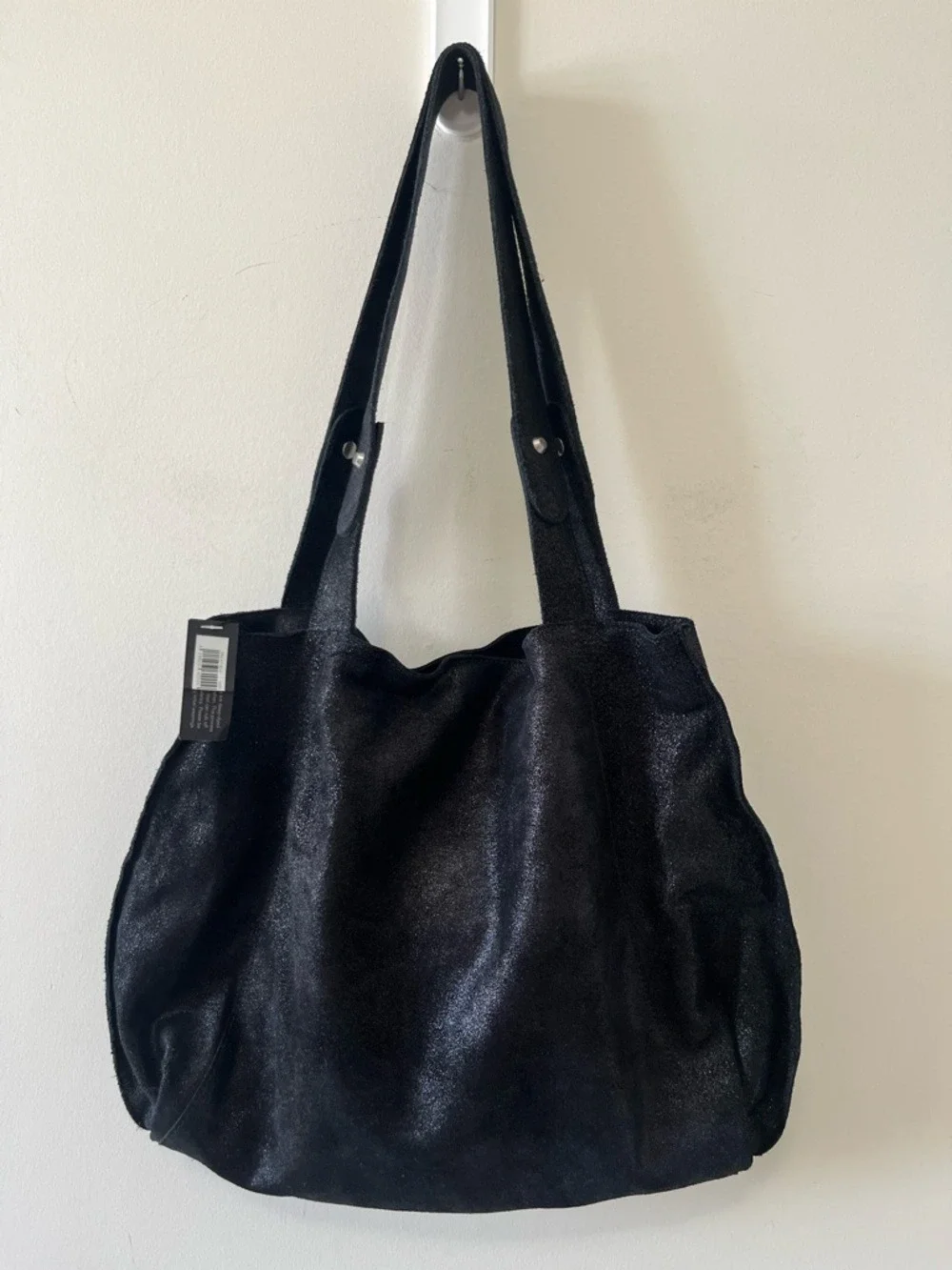 BANANA REPUBLIC Women Black Shimmer Leather Suede Tassel Tote Y2K 2010 - Picture 2 of 10